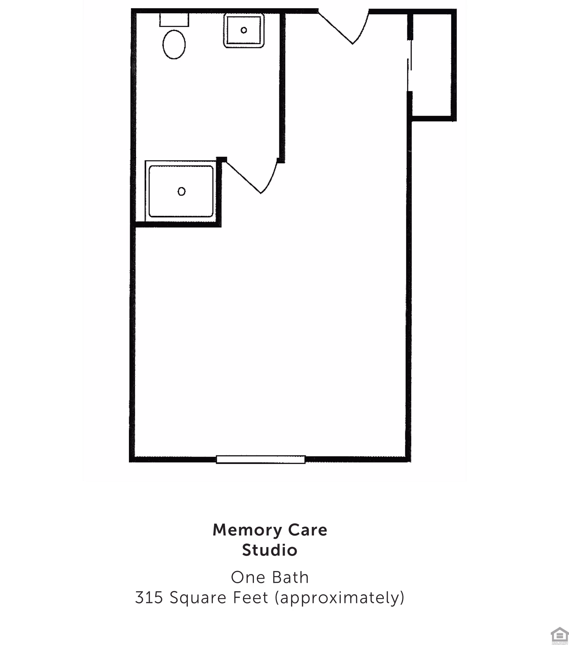 Black-and-white floor plan of a small studio showing a main living area, a one-bathroom with toilet, sink and shower, and a closet.