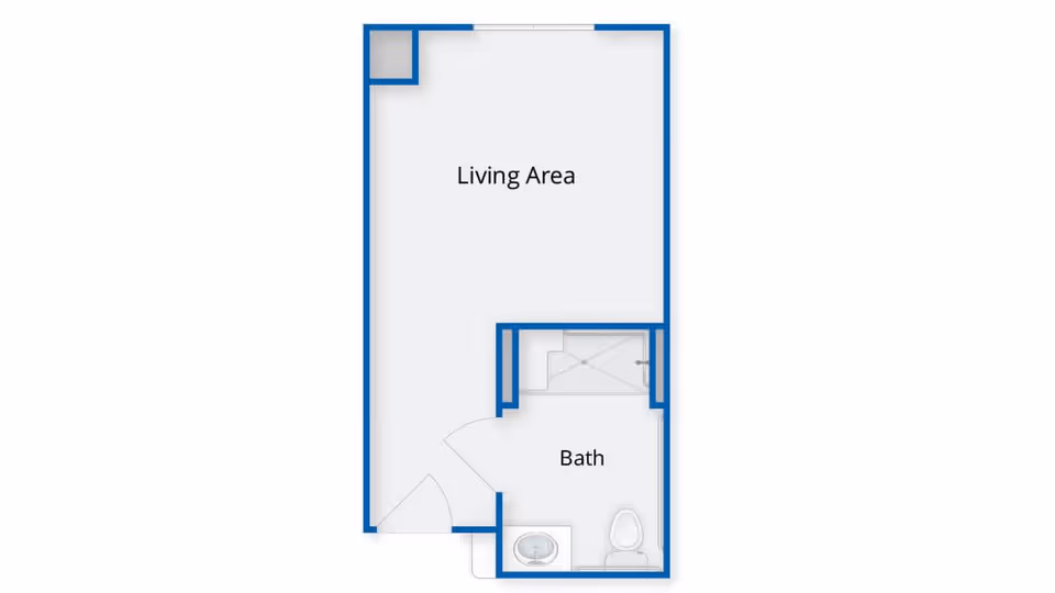 Floor plan layout showing a living area and a bathroom with a sink, toilet, and shower.