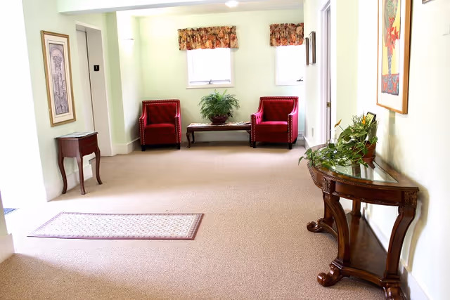 A bright, carpeted interior hallway with light green walls featuring two red upholstered armchairs and a wooden coffee table with a potted plant between them at the far end. There are two small windows with floral valances above the chairs. On the right side, there is a wooden console table with a glass top and a potted plant, and a framed artwork hanging above it. On the left side, there is a small wooden side table and a framed picture on the wall.