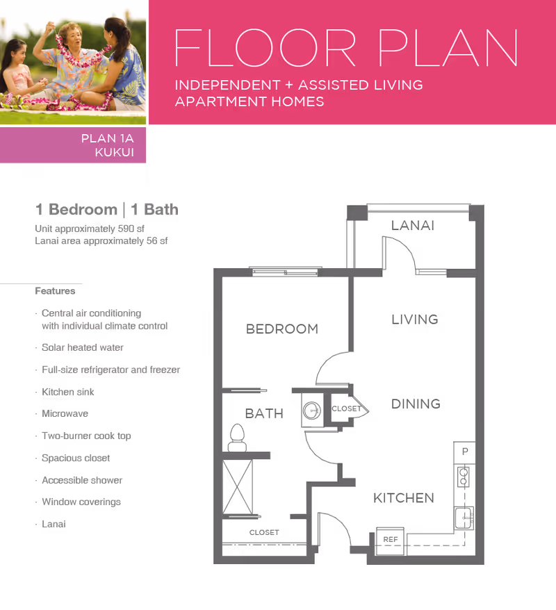 Brochure-style graphic showing a 1-bedroom, 1-bath floor plan with a pink 'FLOOR PLAN' header, a small photo of people, and a list of apartment features.