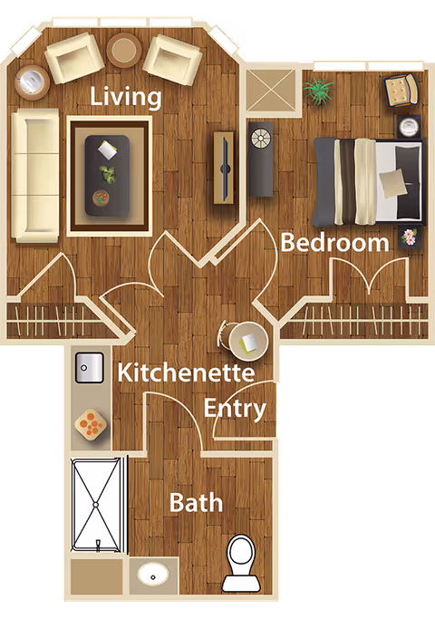 Floor plan of a senior living unit at Wyndham Court of Plano showing labeled areas including Living room with sofa and chairs, Bedroom with bed and nightstand, Kitchenette with sink and counter, Entry with a small table and chair, and Bath with shower, sink, and toilet.