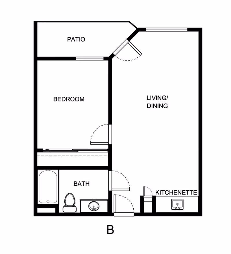 Black-and-white floor plan of a one-bedroom unit showing a patio, bedroom, bath, living/dining area, and kitchenette.