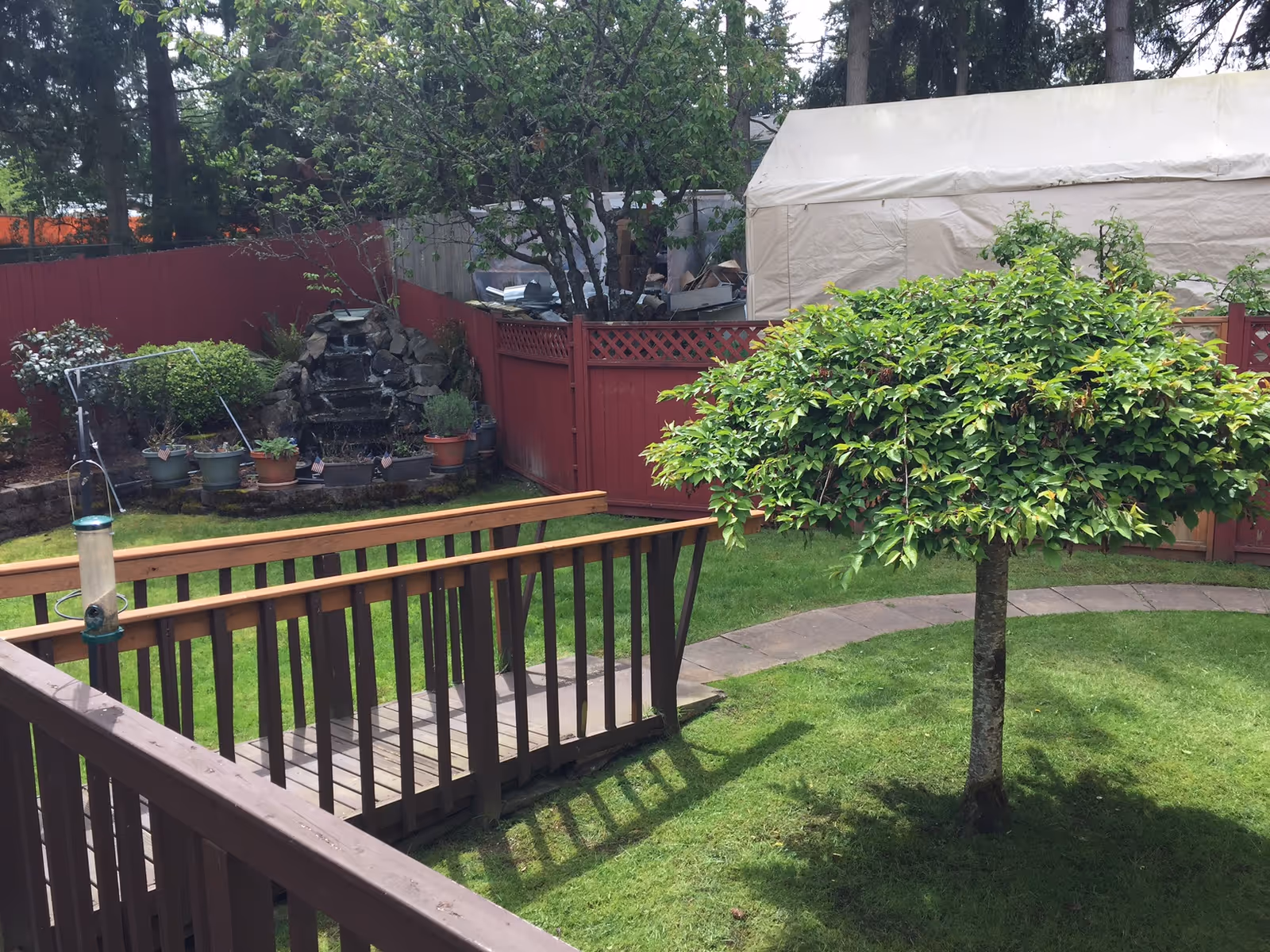 A well-maintained outdoor garden area with a small wooden bridge over a grassy lawn, a neatly trimmed tree, potted plants, a red wooden fence, and a small rock waterfall feature in the background.