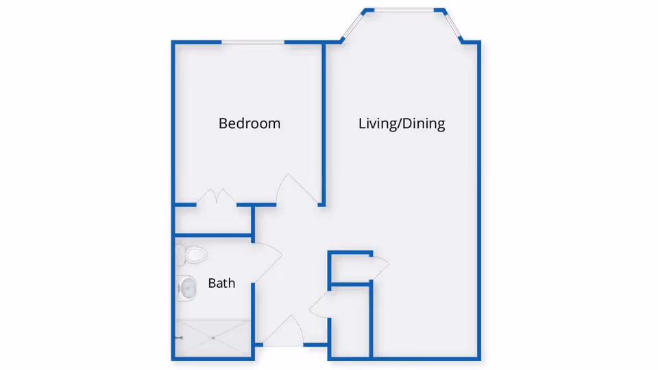 Floor plan layout of a senior living unit at Benchmark Senior Living at Forge Hill showing a bedroom, a combined living and dining area, and a bathroom.