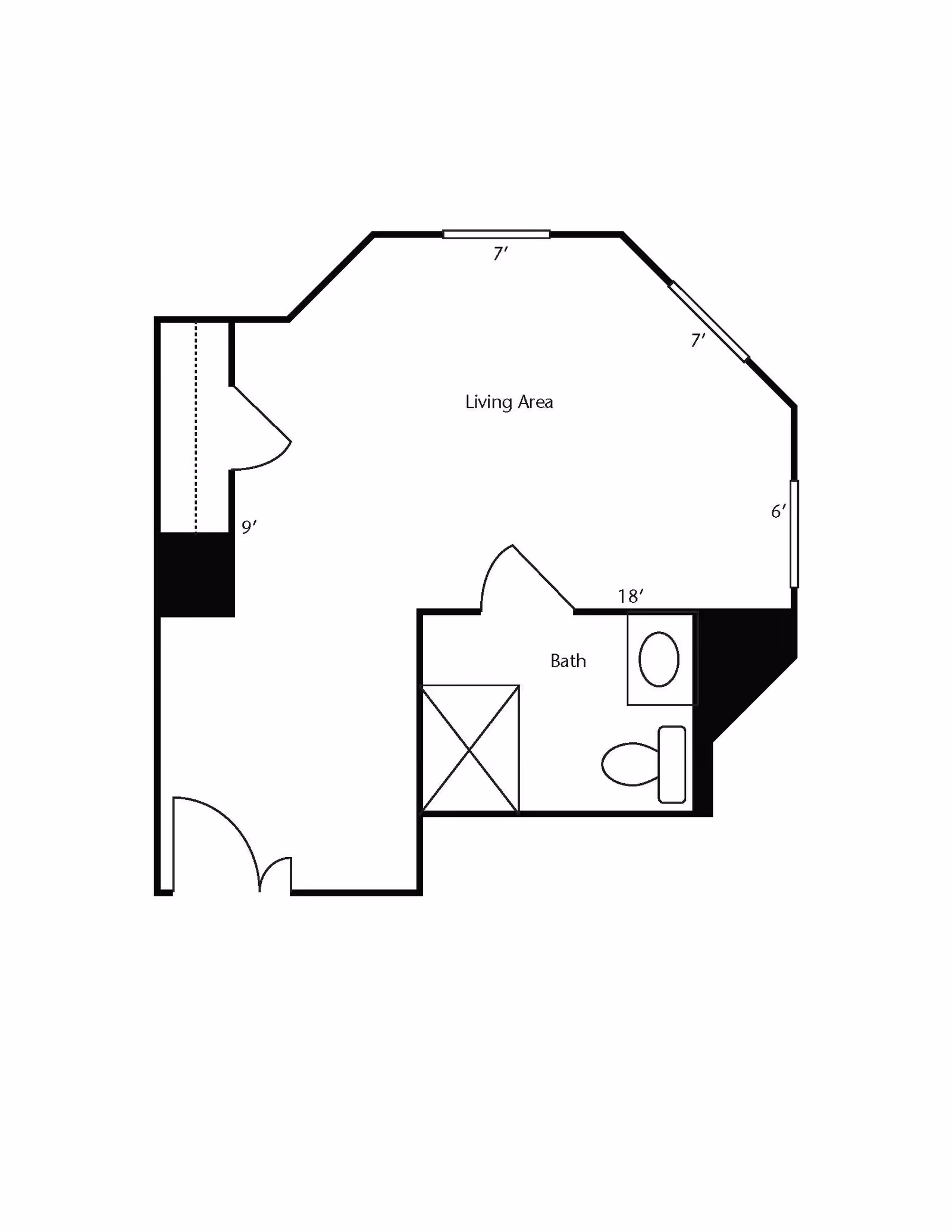 Architectural floor plan of a living area with an attached bathroom. The living area has dimensions labeled 7 feet, 7 feet, 6 feet, and 9 feet on various walls. The bathroom includes a shower, toilet, and sink, with a dimension labeled 18 feet.