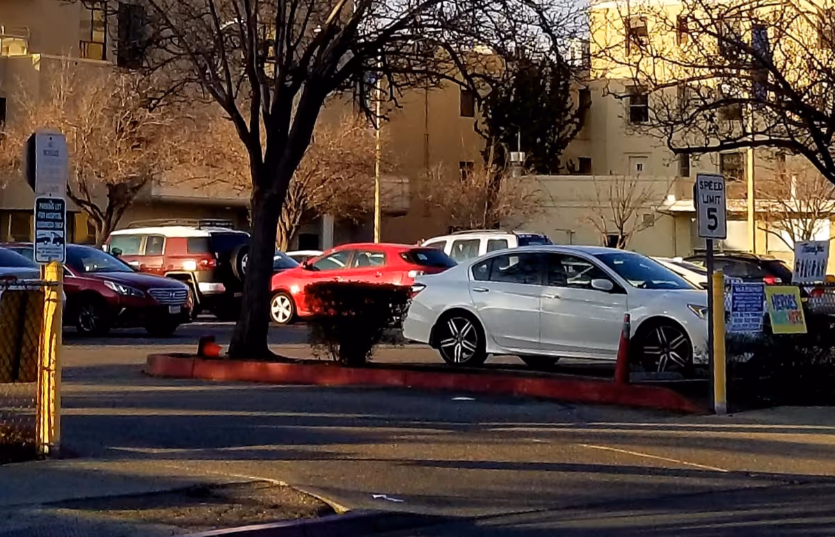 Parking lot with several parked cars including a white sedan and a red car, leafless trees, and a speed limit sign showing 5 mph. Buildings are visible in the background under sunlight.