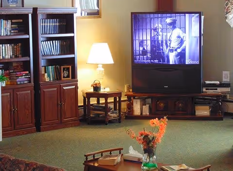 A cozy living room area with wooden bookshelves filled with books on the left, a lit table lamp on a small wooden side table, and a large television displaying a black-and-white scene. There is a wooden coffee table in the foreground with a vase of orange flowers and some books or magazines. The room has a green carpet and warm lighting.