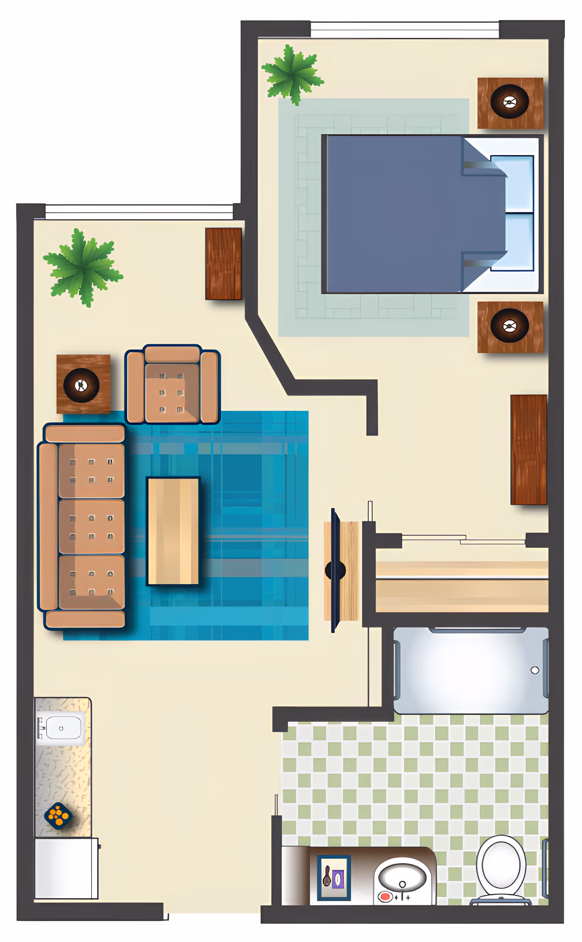 Top-down floor plan of a senior living apartment showing a bedroom with a bed and nightstands, a living area with a sofa, armchair, coffee table, and TV, a kitchen area with a sink and counter, and a bathroom with a toilet, sink, and shower.