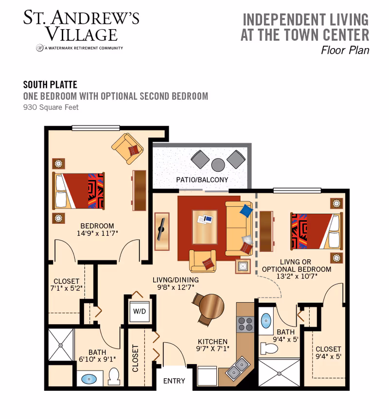Floor plan of St. Andrew's Village South Platte one-bedroom apartment (optional second bedroom) showing labeled rooms, measurements, kitchen, bathrooms, closets, living/dining area and a patio/balcony.
