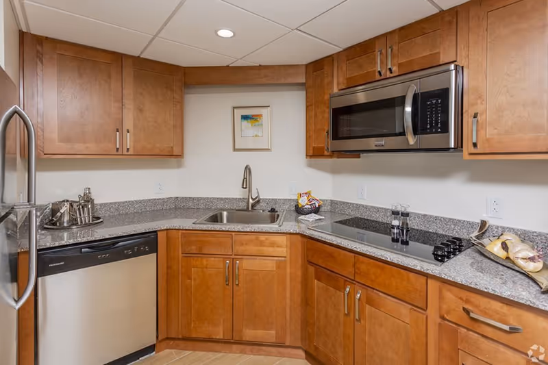 A modern kitchen with wooden cabinets, a stainless steel dishwasher, a built-in microwave, an electric stovetop, and a sink with a faucet. The countertop is granite, and there is a small framed artwork on the wall above the sink.