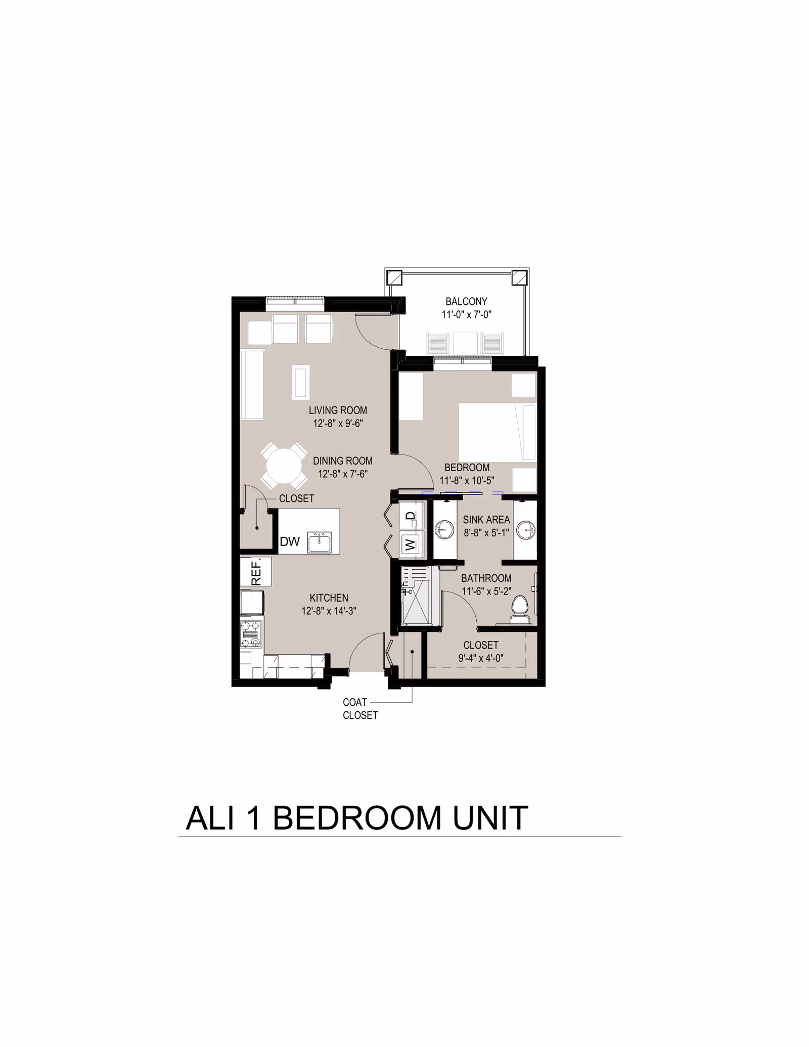 Floor plan diagram of a one-bedroom apartment unit showing labeled living room, dining area, kitchen, bedroom, bathroom, closets, and a balcony.