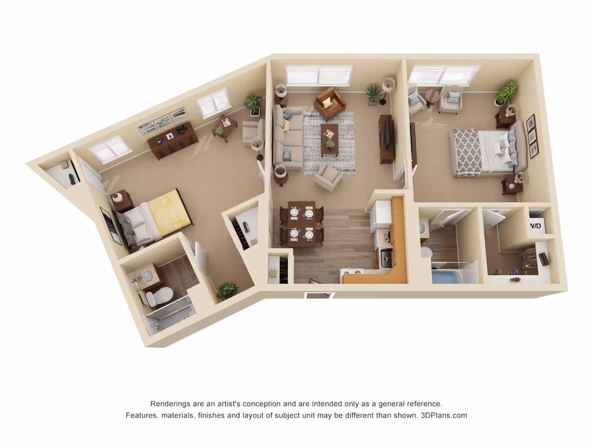 3D floor plan of a senior living apartment featuring two bedrooms, a living room with sofa and chairs, a dining area with table and four chairs, a kitchen with appliances, two bathrooms, and a laundry area with washer and dryer.
