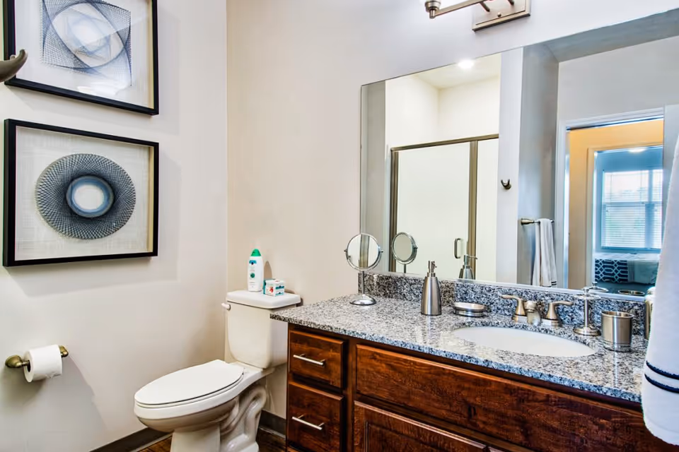 Modern bathroom with a granite vanity and sink, large mirror, toilet, framed wall art and a glass-enclosed shower reflected in the mirror.