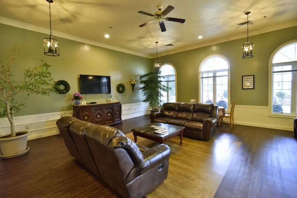 A spacious living room with two brown leather sofas facing a wall-mounted flat screen TV above a wooden cabinet. The room features green walls, large arched windows letting in natural light, a ceiling fan, hanging lantern-style light fixtures, a coffee table with magazines, and potted plants in the corners.