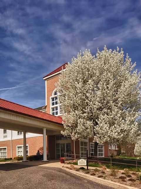 Exterior view of a brick building with a red roof and a covered entrance. A large tree with white blossoms is in front of the building under a partly cloudy blue sky. There is a sign near the tree that reads 'THE SUITES APARTMENTS'.