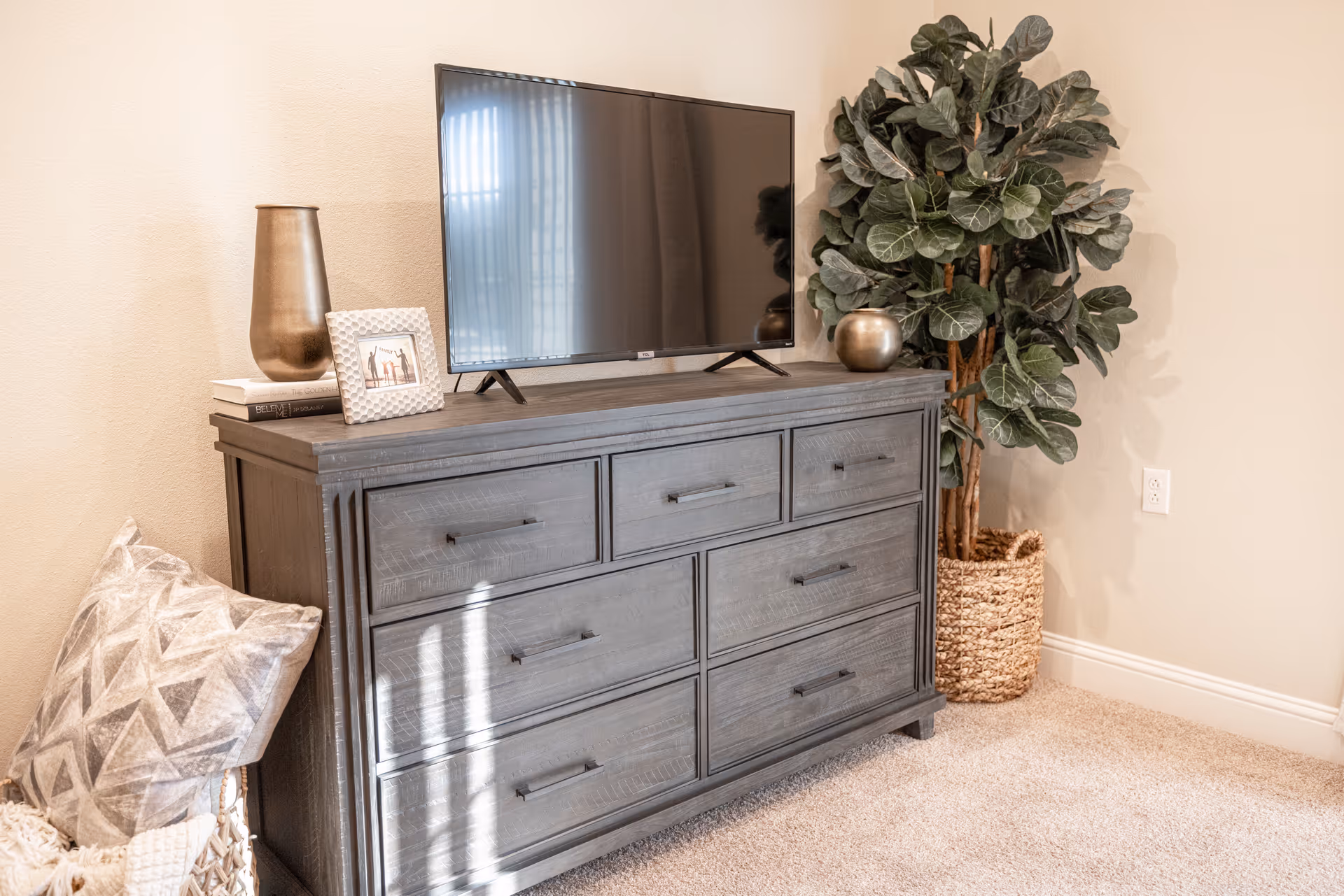 A gray wooden dresser with multiple drawers topped with a flat-screen TV, a bronze vase, a small framed photo, and a couple of books. To the right of the dresser is a large potted plant in a woven basket. On the left side, there is a basket with a patterned pillow. The room has beige walls and carpeted flooring.