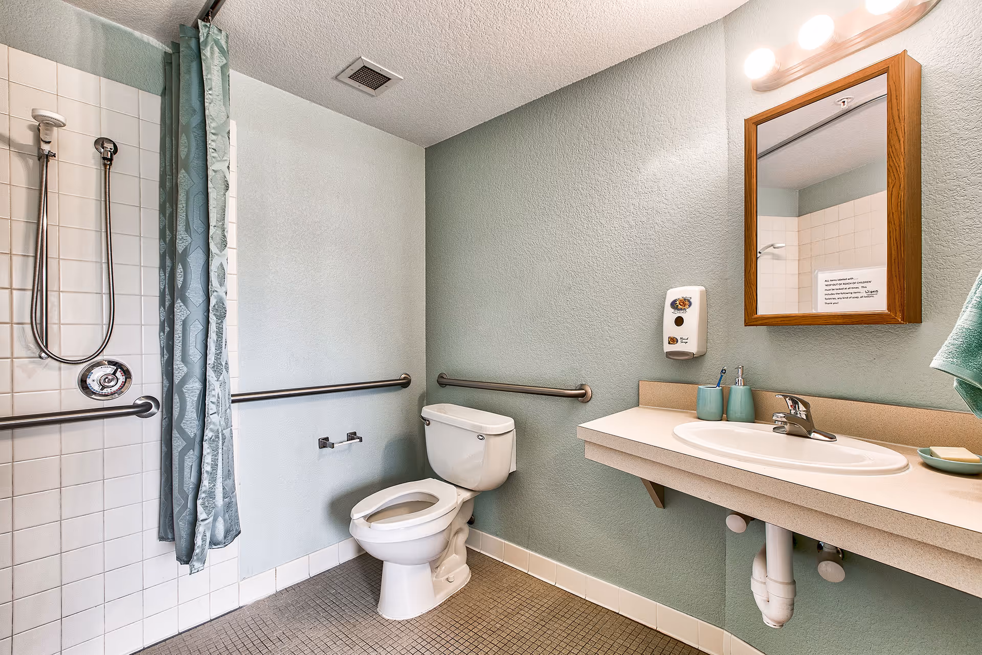 A clean and accessible bathroom with a toilet, a wall-mounted sink with a mirror above it, a soap dispenser, and a shower area with a curtain and handheld showerhead. The walls are painted light green and there are grab bars installed near the toilet and shower for safety.