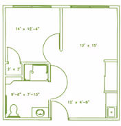Architectural floor plan of a living space with dimensions labeled for each room, including a bathroom area with a toilet and sink, and three other rooms with specified measurements.