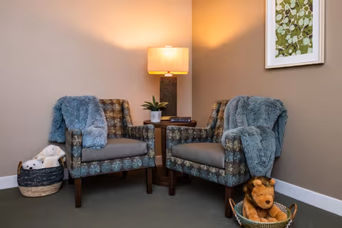 A cozy corner seating area with two patterned armchairs draped with blue-gray throws, a small round wooden table between them holding a lamp and a small plant, a basket with stuffed animals on the left, and another basket with a stuffed lion on the right, set against beige walls with a framed artwork.