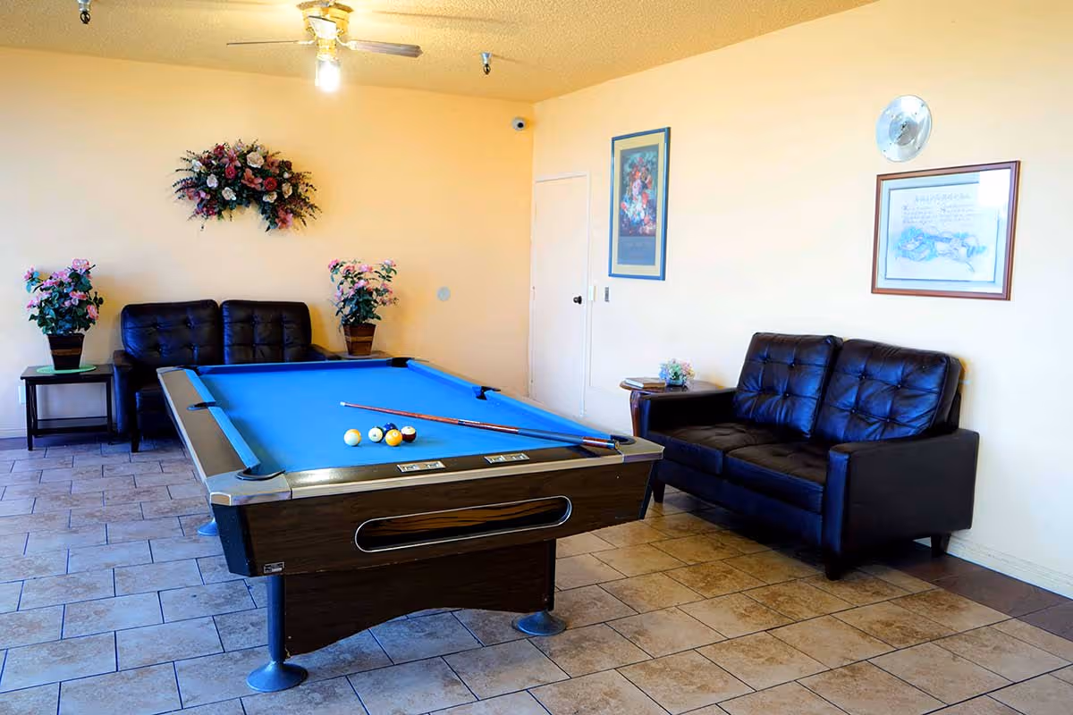 Interior room with a blue pool table in the center, two black leather sofas on either side, floral wall decorations, framed pictures on the walls, and tiled flooring.