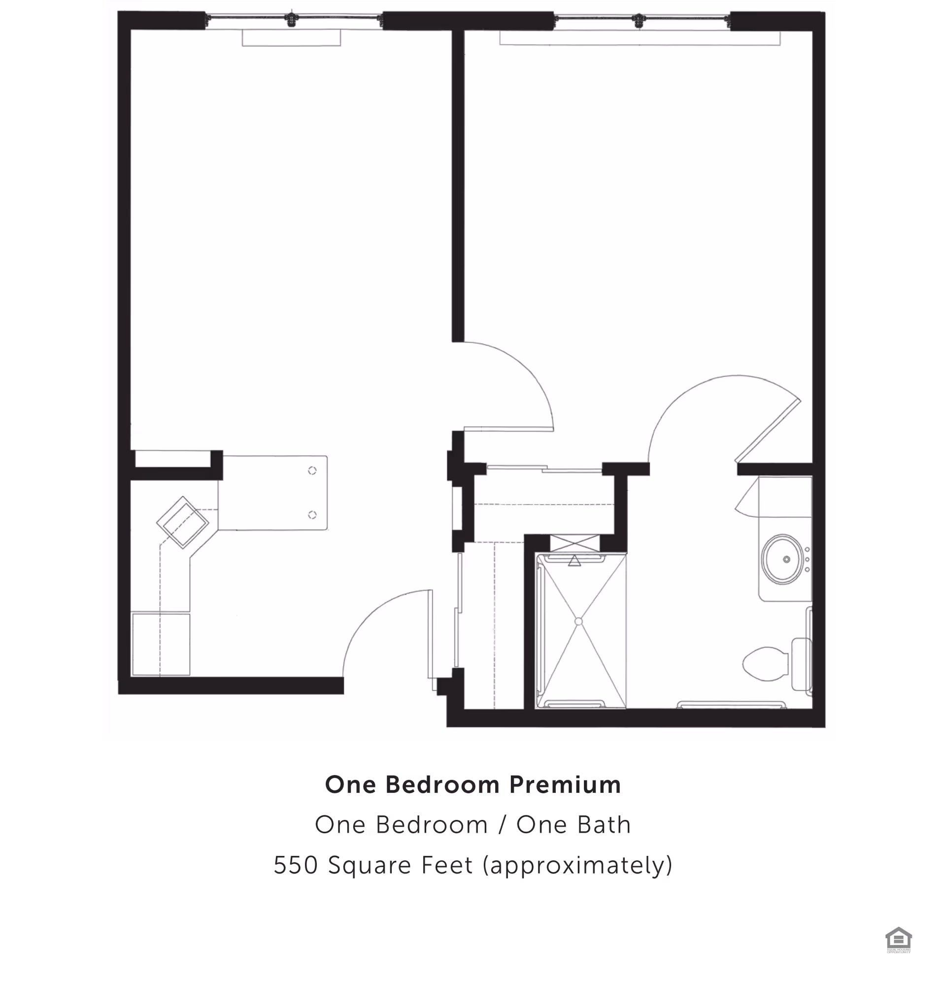 Architectural floor plan of a one-bedroom premium apartment at Eiler Senior Living, showing one bedroom, one bathroom, and a kitchen area within approximately 550 square feet.