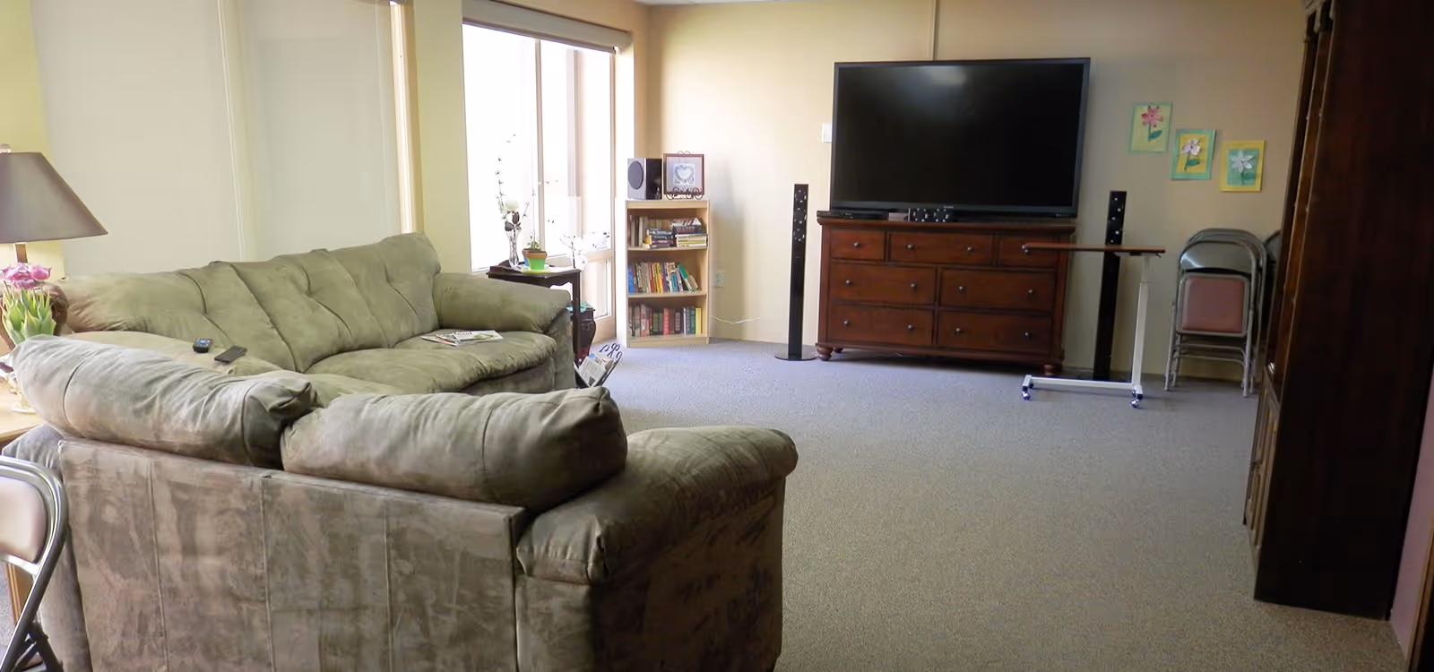 A cozy living room with two greenish-gray sofas facing a large flat-screen TV on a wooden dresser. There is a small bookshelf with books and a speaker next to a glass door letting in natural light. The room has beige walls, carpeted floor, a lamp on a side table, and some colorful flower artwork on the wall.
