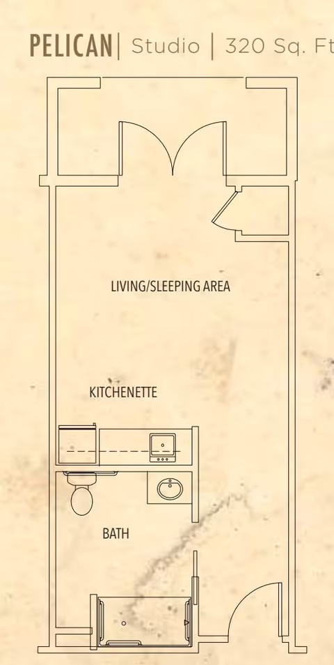 Floor plan of a Pelican studio apartment with 320 square feet, showing a living/sleeping area, kitchenette, and bath with toilet, sink, and shower.