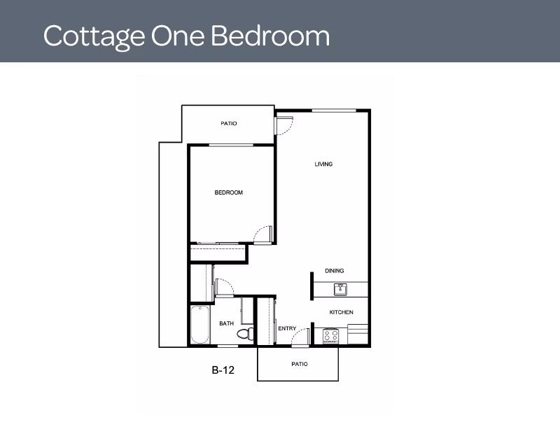 Floor plan of a one-bedroom cottage at Holiday Devonshire Estates showing a bedroom, bathroom, living area, dining area, kitchen, entry, and two patios.