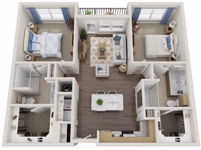 3D rendered floor plan of a two-bedroom, two-bathroom apartment with a central living area opening to a balcony, a kitchen island, and separate closets.