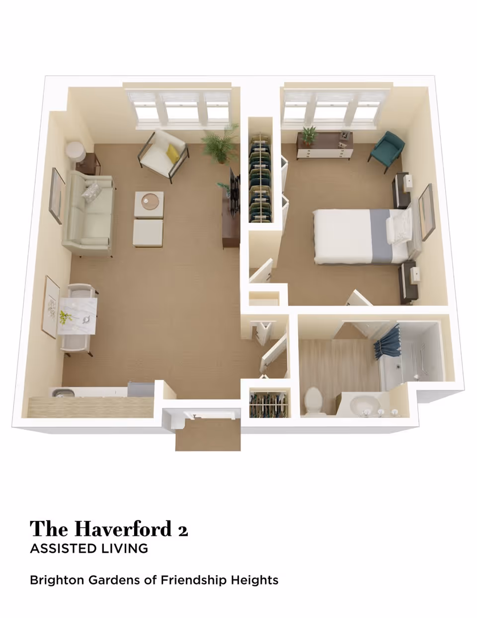 3D floor plan of an assisted living apartment named The Haverford 2, showing a living room with sofa, armchair, and TV, a bedroom with a bed and dresser, a bathroom with a shower, toilet, and sink, and a small dining area with a table and chairs.