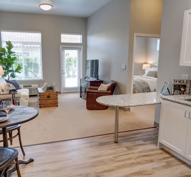 Open-plan senior living area with a kitchen peninsula in the foreground, a living room with sofa, armchair and TV, and a bedroom and patio door visible in the background.
