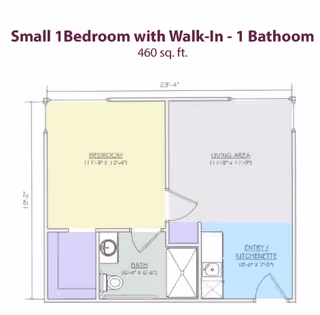 Floor plan of a small one-bedroom apartment with a walk-in closet and one bathroom, totaling 460 square feet. The layout includes a bedroom measuring 11 feet 3 inches by 12 feet 4 inches, a living area measuring 11 feet 9 inches by 11 feet 9 inches, a bathroom measuring 6 feet 4 inches by 6 feet 6 inches, and an entry/kitchenette area measuring 8 feet by 7 feet 5 inches.