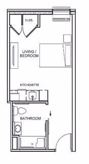 Architectural floor plan of a small living space at The Village at Olathe, showing a combined living and bedroom area with a bed and closet, a kitchenette with a sink and counter, and a bathroom with a toilet, sink, and shower. The entrance door opens into a hallway leading to these areas.