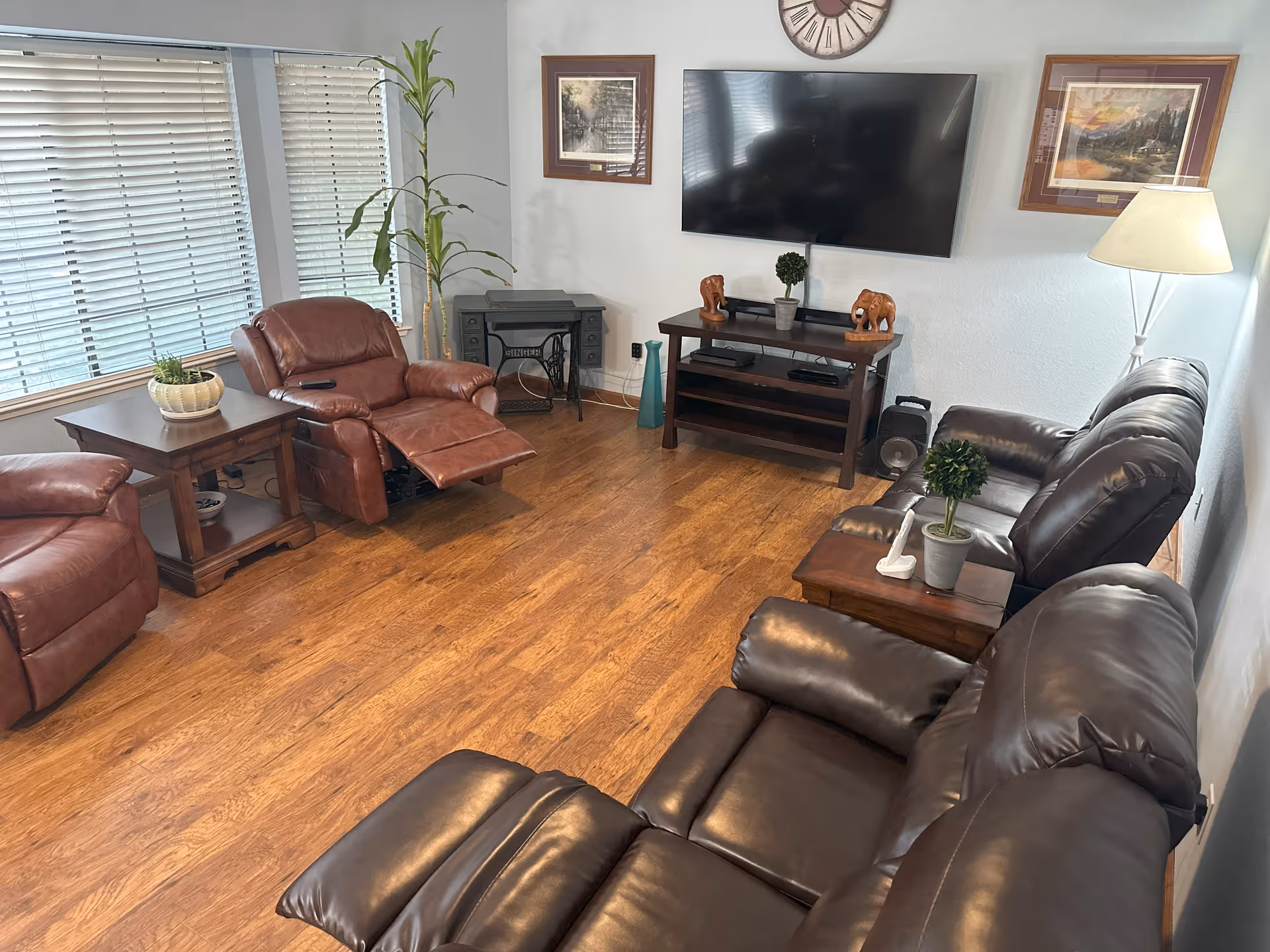 Cozy living room with leather seating, a wall-mounted TV, and potted plants.