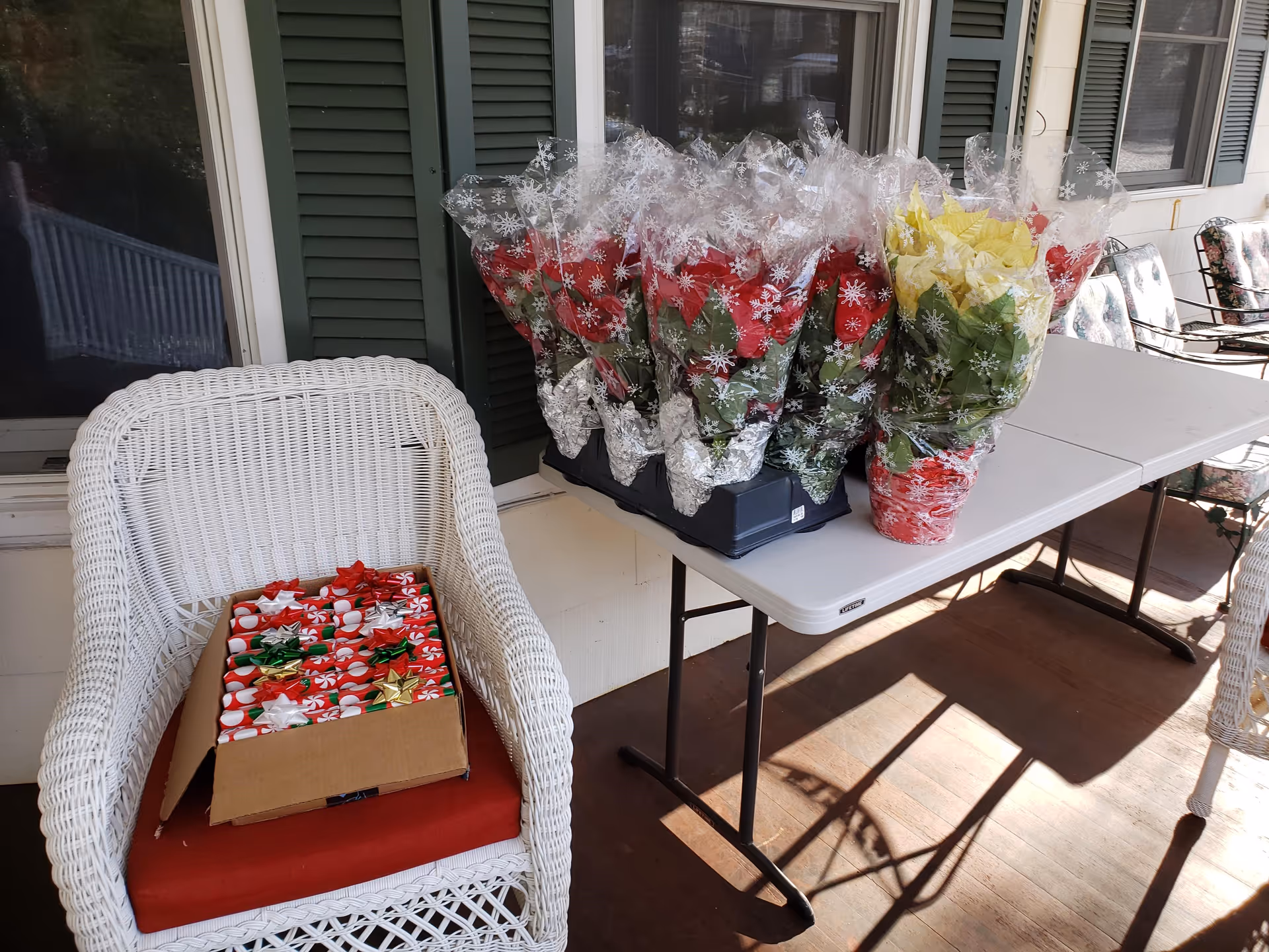 A white wicker chair with a red cushion holding a box filled with small wrapped gifts with bows. Next to the chair is a folding table with several wrapped poinsettia plants in red and yellow, all wrapped in clear plastic with white snowflake patterns. The setting appears to be a porch with windows and green shutters in the background.