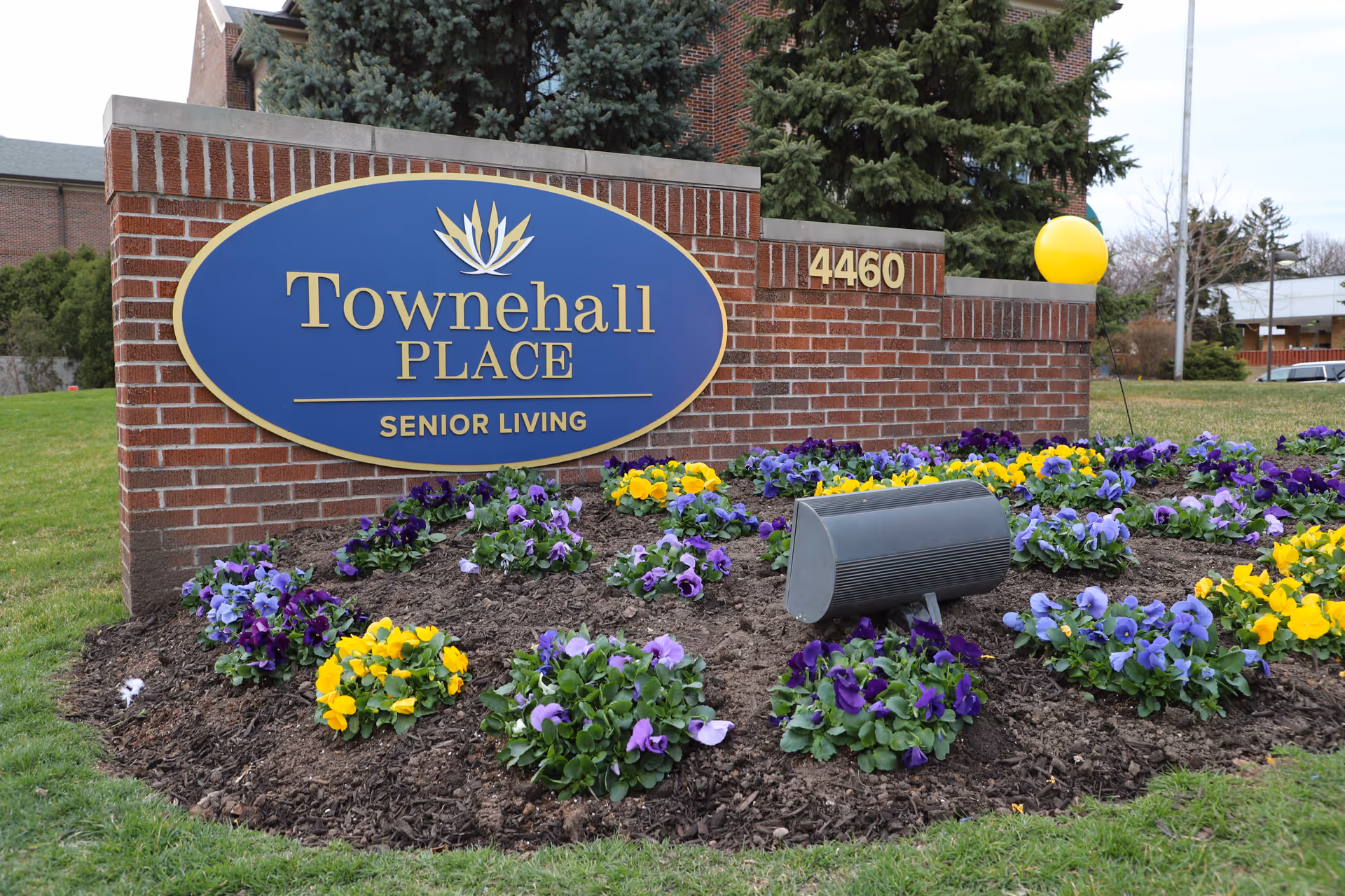 A brick sign for Townehall Place Senior Living with the address number 4460. The sign is surrounded by a flower bed with purple and yellow flowers, and there are evergreen trees and a building in the background.
