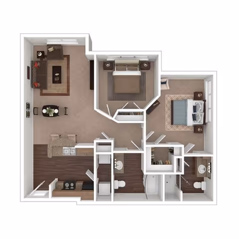 3D floor plan of an apartment featuring two bedrooms, a living room with sofa and TV, a dining area with table and chairs, a kitchen with appliances, and two bathrooms. The layout shows wood flooring in the kitchen and bathrooms, and carpet in the living and bedroom areas.