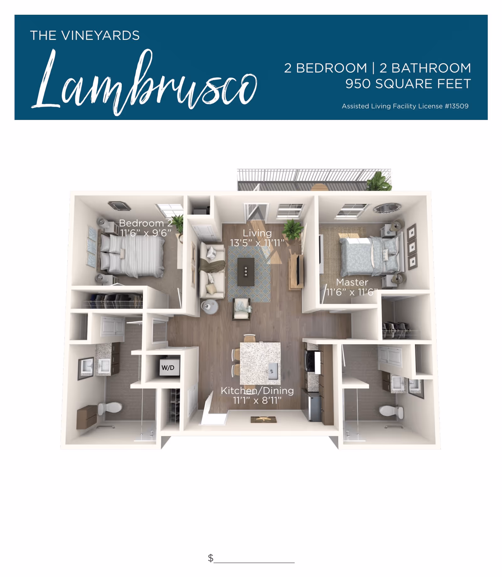 3D floor plan of a 2 bedroom, 2 bathroom apartment named Lambrusco at The Vineyards. The layout includes a living room, kitchen/dining area, master bedroom with attached bathroom, second bedroom, second bathroom, and a washer/dryer closet. Dimensions for each room are provided.