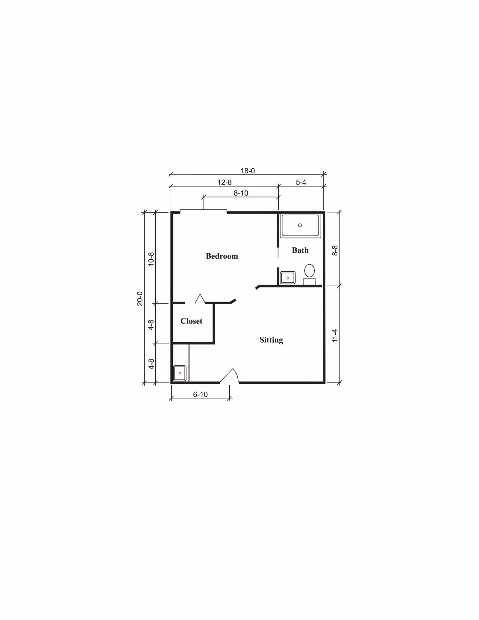Architectural floor plan showing a layout with a bedroom, bath, closet, and sitting area with dimensions marked.