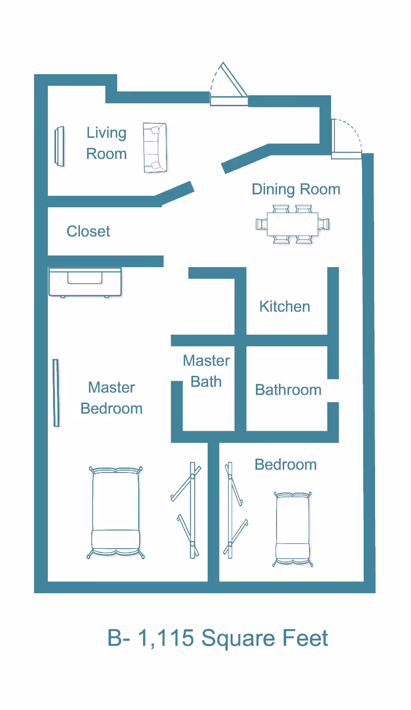 Floor plan labeled 'B - 1,115 Square Feet' showing a living room, dining room, kitchen, master bedroom with master bath, second bedroom, bathroom, and closet.
