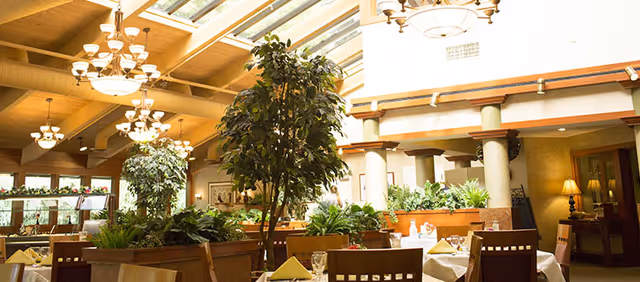Bright dining room with skylights and chandeliers, tables set with napkins and surrounded by large indoor plants.
