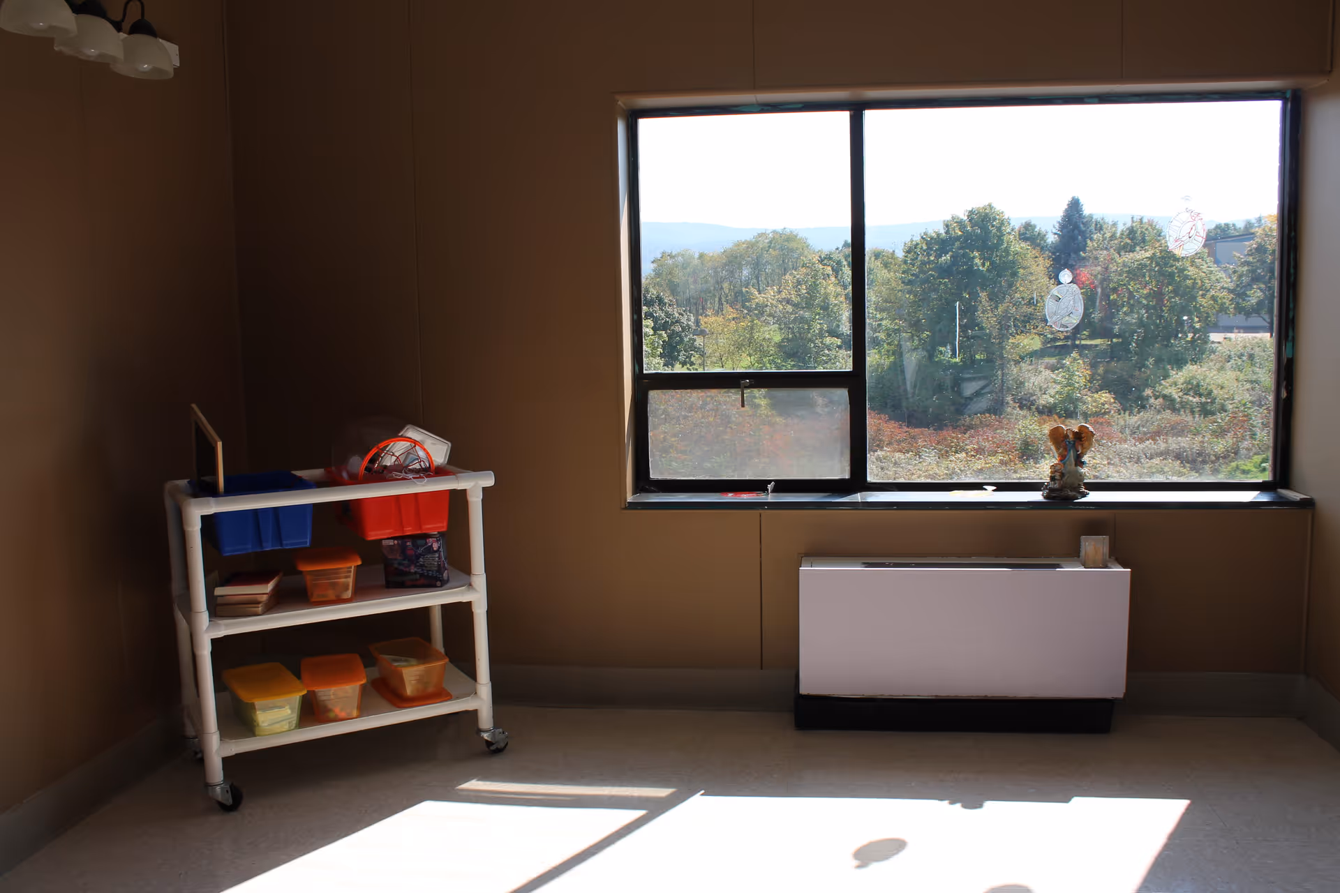 A room with beige walls and a large window showing a view of trees and hills outside. Inside the room, there is a white rolling cart with colorful storage bins and containers on the left side. Below the window, there is a white heater or radiator with a small decorative item on top. Sunlight casts shadows on the floor.