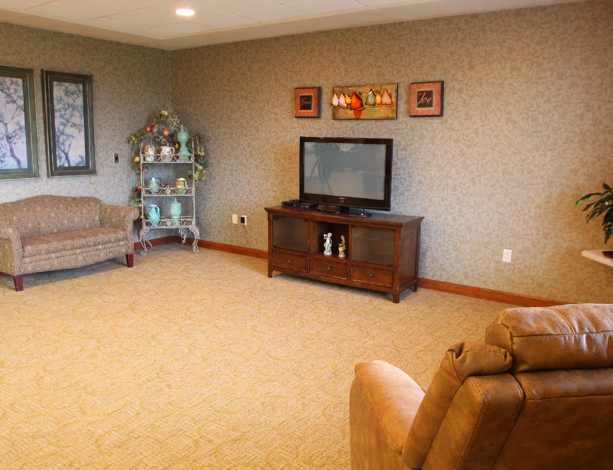 A cozy living room with patterned wallpaper and carpet. The room features a brown patterned loveseat on the left, a brown leather recliner in the foreground, and a wooden TV stand with a flat-screen television in the center. Decorative items and framed artwork adorn the walls and a metal shelf with teapots and vases is placed in the corner.