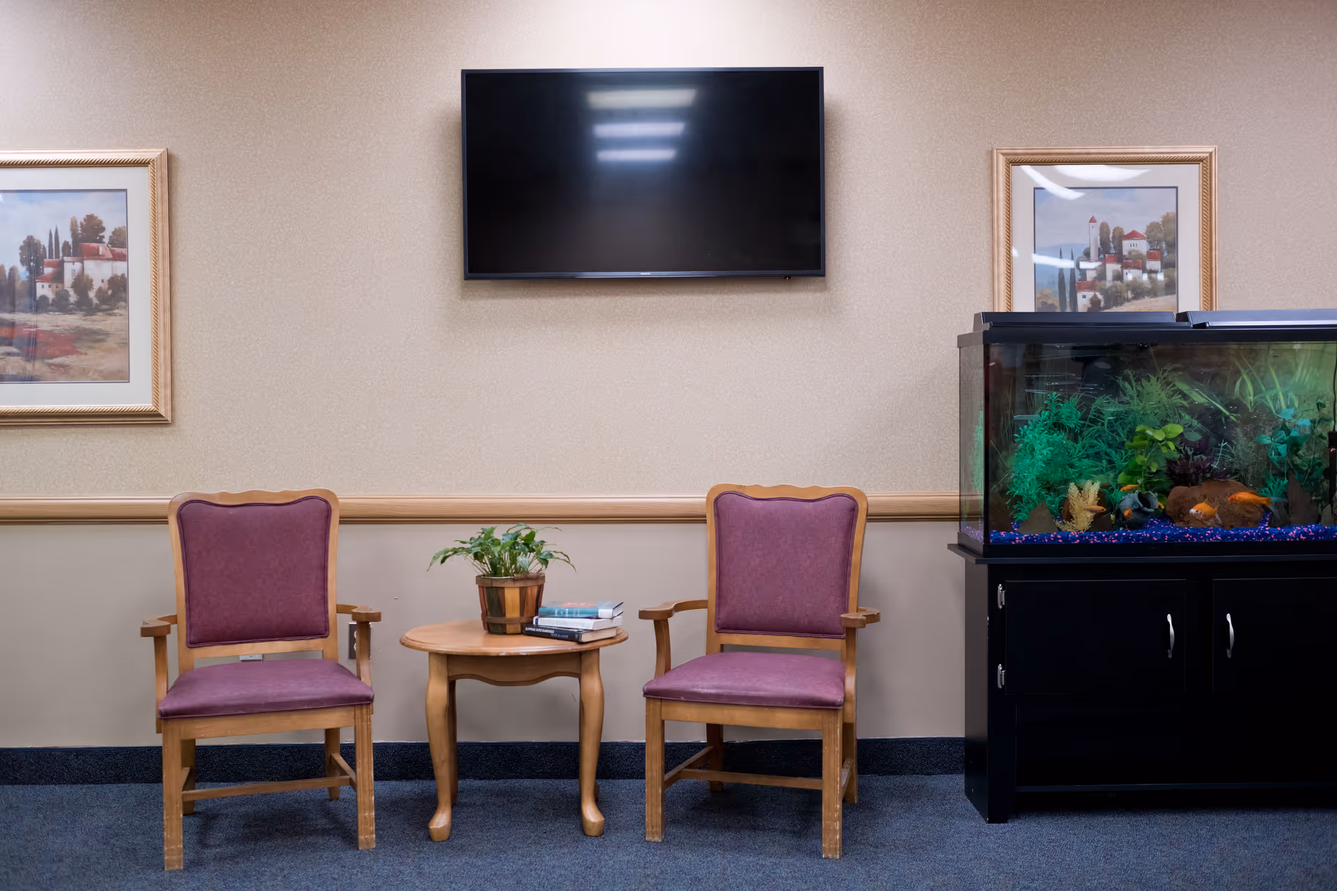 A waiting area with two wooden chairs with purple cushions, a small wooden table with a potted plant and some books, a large fish tank on a black cabinet, a flat screen TV mounted on the wall, and two framed paintings on either side of the TV.