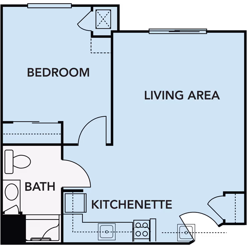 Simple floor plan diagram showing a bedroom, living area, bath, and kitchenette layout.