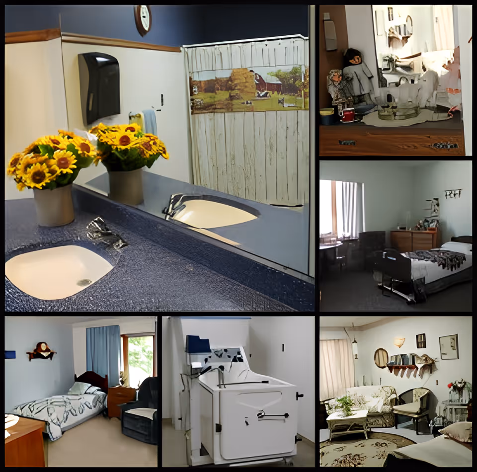 A collage of six images showing different interior areas of Bethel Home. The top left image shows a bathroom sink with a mirror, a paper towel dispenser, and a curtain with a farm scene. The top right images show a bathroom sink with toiletries and a bedroom with a hospital-style bed. The bottom left images show a bedroom with a bed, chair, and window, a medical bathing tub, and a living room area with chairs, a sofa, and decorative items.
