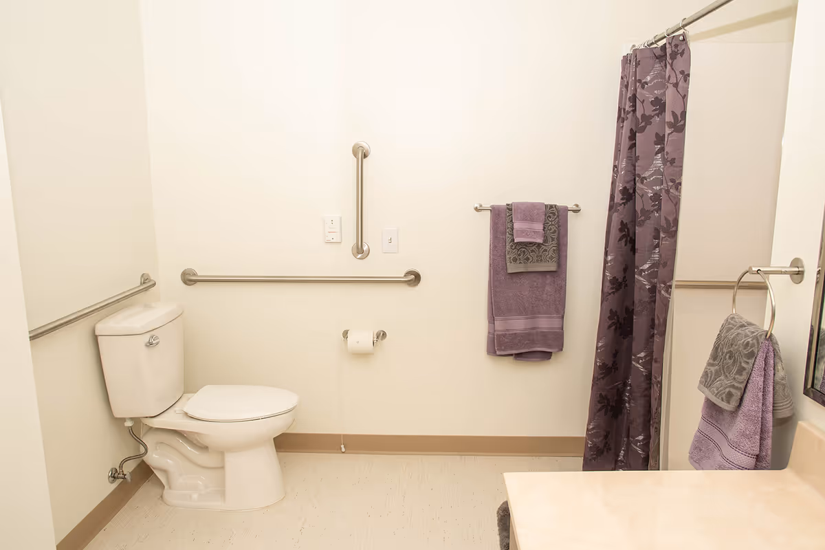 Accessible bathroom with a toilet, stainless steel grab bars, towel racks, purple towels and a purple floral shower curtain.