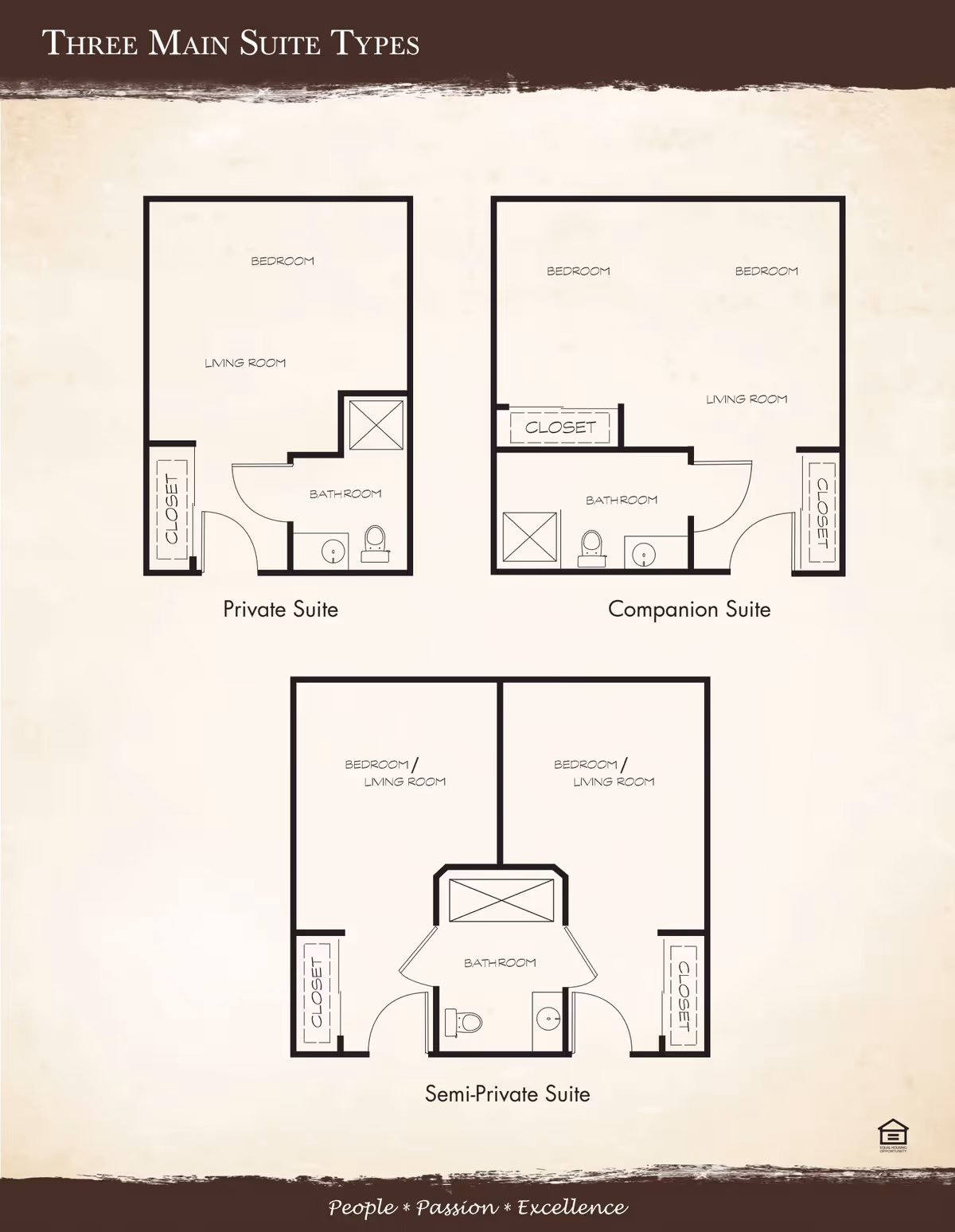 Floor plan diagrams showing three main suite types at Windsor Heights Assisted Living and Memory Care: Private Suite with one bedroom, living room, bathroom, and closet; Companion Suite with two bedrooms, living room, bathroom, and closets; Semi-Private Suite with two combined bedroom/living rooms, a shared bathroom, and closets.