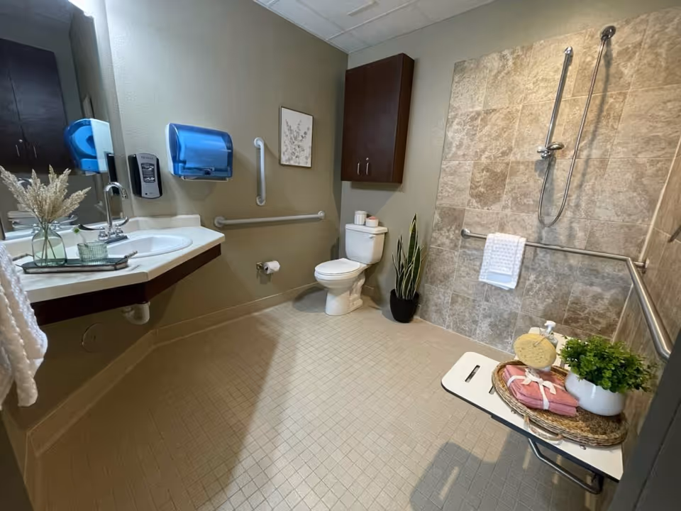 Accessible bathroom with a sink and mirror, toilet, grab bars, roll-in tiled shower with handheld showerhead, and a folding bench holding toiletries and a plant.