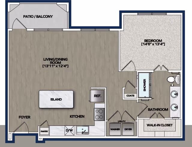 Floor plan of a senior living apartment at Watermere at the Preserve showing a patio/balcony, living/dining room, kitchen with island, pantry, utility area with washer and dryer, bedroom with walk-in closet, bathroom with shower and double sinks, and coat closet near the entrance.